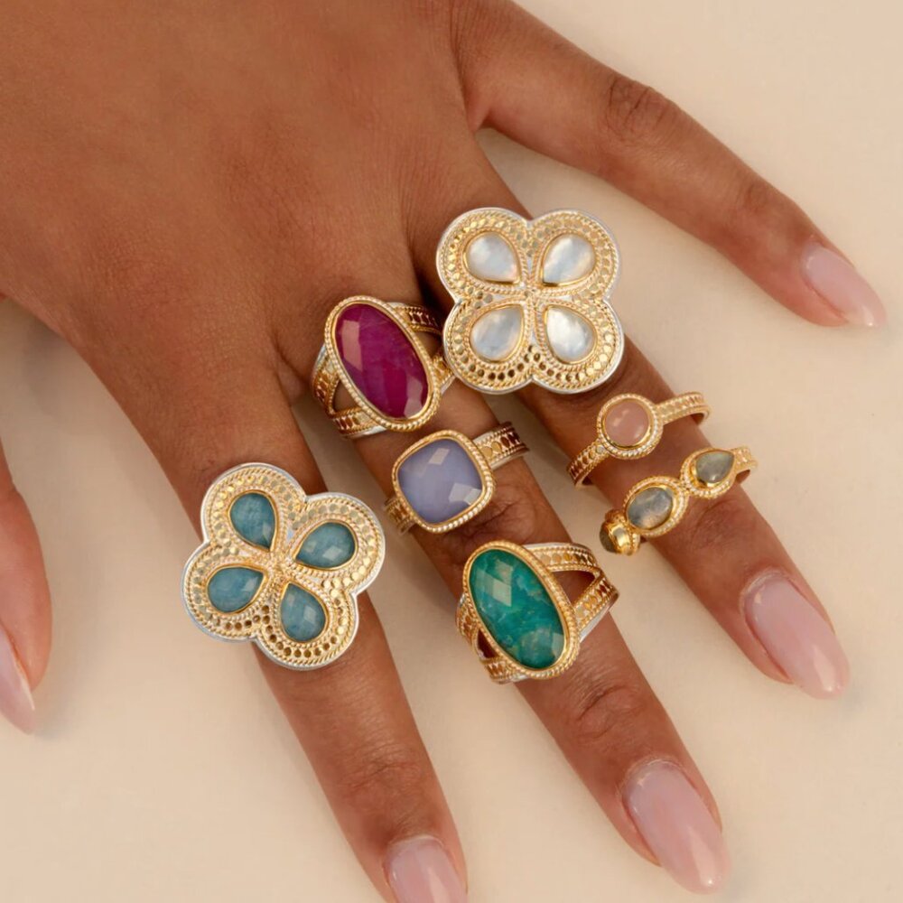 ANNA BECK White Quartz and Mother of Pearl Clover Ring Sz 6 - NIB - Picture 2 of 14